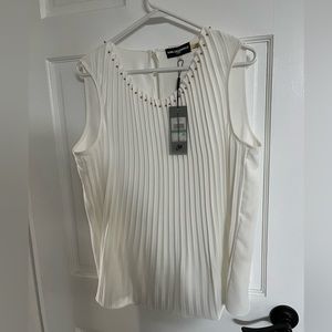 Sleeveless Large cream with wood beads, Karl Lagerfeld Paris blouse. NWT.